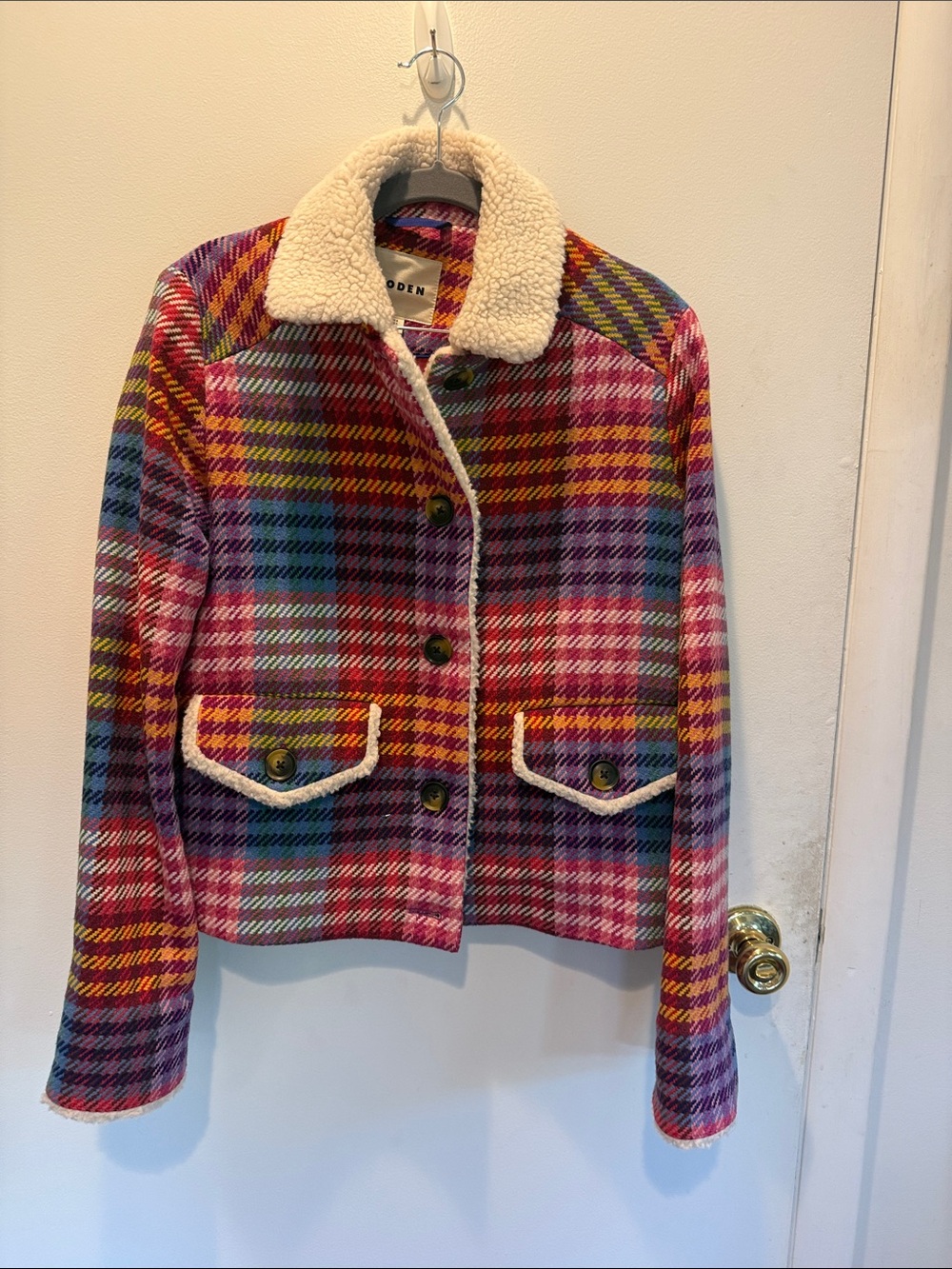 Boden Multicolor Plaid Teddy-Collar Cropped Jacket